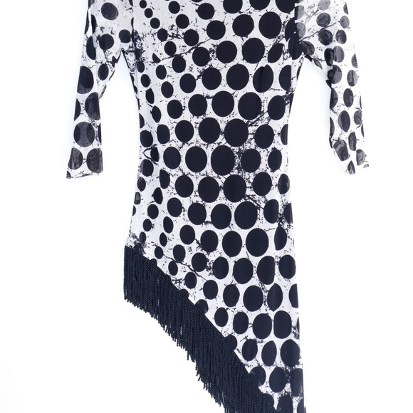 VINTAGE black and white POLKA DOT AND FRINGE ASYMMETRICAL DRESS - X-SMALL - Picture 3 of 8